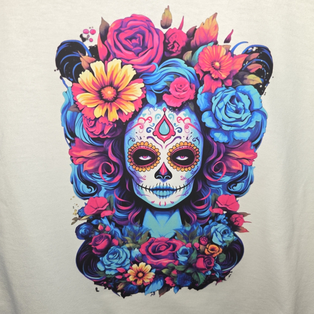 New‎ Custom Made White T-Shirt with Colorful Sugar Skull Design